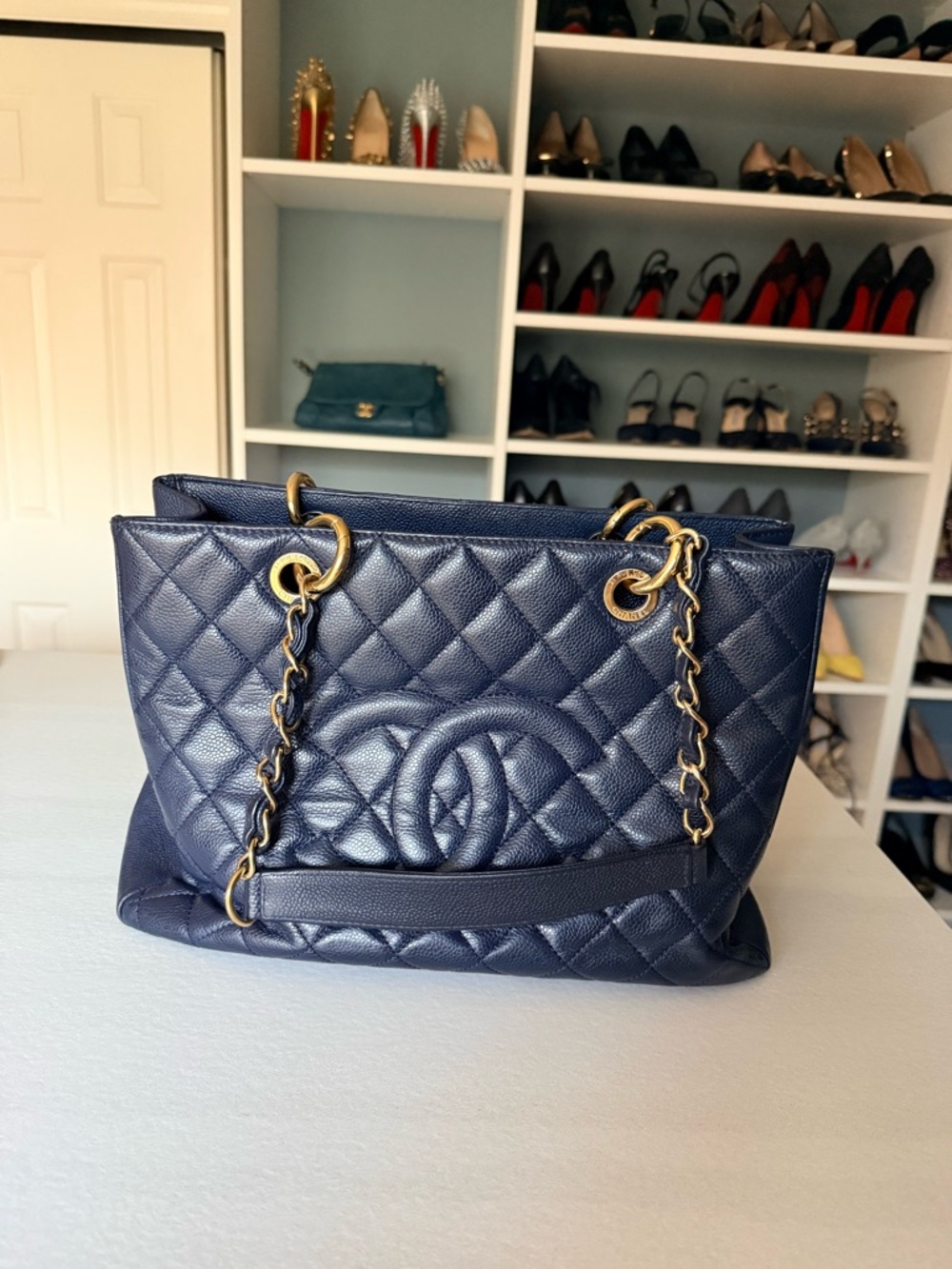 Classic Quilted Navy Leather Tote with Gold Chain Handles